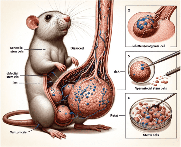 "Scientifc" drawing: internal anatomical view of a rat with one ginormous testicle and three smaller ones, attached to what appears to be a truly monstrous member extending upward into the aether. Three subpanels with dissection of testes. Labels are nonsense text: "senctolic stem cells", "testomcells", "iollottee sserotgomar cell", "spermatocial stem cells", etc. 