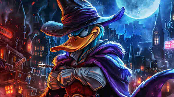 A vibrant and detailed illustration that depicts a character resembling Darkwing Duck, a heroic cartoon character known for his adventures. The character is dressed in a flowing purple cape and wide-brimmed hat, exuding a confident and mysterious aura. His expression is stern and focused, with a piercing gaze. The background features a nocturnal cityscape with an ominous blue and orange palette, lit by glowing windows and street signs, with a full moon and starry sky overhead. The atmosphere is evocative of the thrilling and shadowy world in which this duck detective might find his next case.