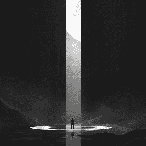 The image presents a striking minimalist scene composed of black, white, and grayscale tones. It portrays a lone figure standing at the center of a spotlight created by a stark beam of light descending from a narrow vertical slit in the dark expanse above. This light source creates a dramatic contrast with the surrounding darkness, highlighting the figure and a reflective surface below that mirrors the light, creating a circular pattern on the ground.

The surroundings suggest a cavernous space, immense and undefined, with the figure dwarfed by the scale of the environment. The walls on either side of the light are textured, suggesting concrete or stone, adding to the overall industrial or dystopian atmosphere.

The composition plays with light and shadow, using the intensity of the light beam to draw the viewer's eye directly to the figure and the reflective ground. The simplicity of the scene evokes a sense of isolation, introspection, and perhaps a search for meaning or enlightenment, as the figure stands contemplatively in the light. The image has a quiet, almost reverential quality to it, with a sense of stillness that is both serene and unsettling.