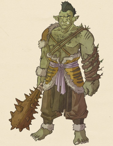 Illustration of a typical fantasy orc with dark green skin and small tusks. He is wearing a black mowhawk, a tiger pelt and has roots coiled around his left arm. He is also holding a giant wooden club. 
