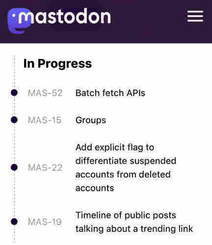 Screenshot of Mastodon's "In Progress" development tasks list, including items for batch fetch APIs, group features, a flag to differentiate suspended accounts from deleted accounts, and a public post timeline for trending links.