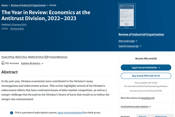 A screenshot of the linked webpage where "The Year in Review: Economics at the Antitrust Division, 2022–2023", published in the Review of Industrial Organization, is offered for purchase at a price of $39.95.