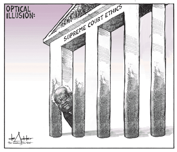 Optical Illusion:
Supreme Court Ethics on the court building with Justice Thomas peeking through an illusionary pillars.

CREDIT : deAdder