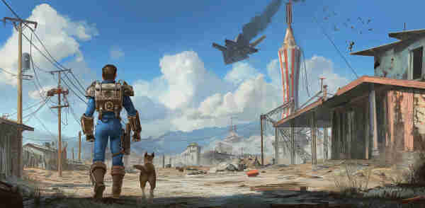A scene reminiscent of the post-apocalyptic world from the video game series “Fallout.” A male character, presumably a Vault Dweller given the iconic blue jumpsuit and the life support gear on his back, walks away from the viewer alongside a dog. They are moving through a desolate landscape with dilapidated buildings, electrical poles, and a dusty road. In the sky, a futuristic aircraft emits smoke as it flies past a rocket with the American flag, suggesting an alternative reality with advanced technology and a society that has seen better days. The scene captures the essence of exploration and companionship in a harsh, new world.