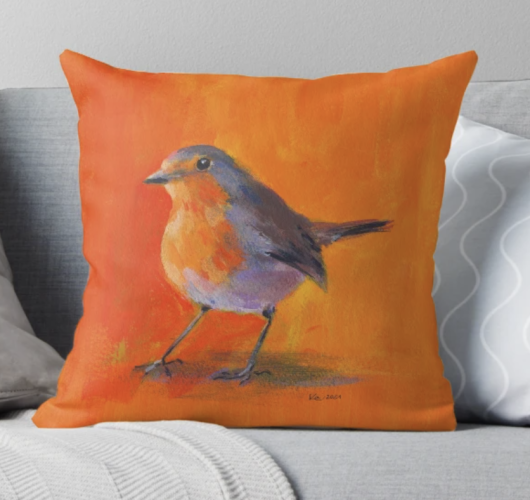 Pillow featuring my Robin portrait painting.
Robin portrait is an acrylic painting in contemporary square format painted by artist Karen Kaspar. This portrait of a redbreast European Robin - Erithacus rubecula - is painted on a loose abstract background in vibrant orange.