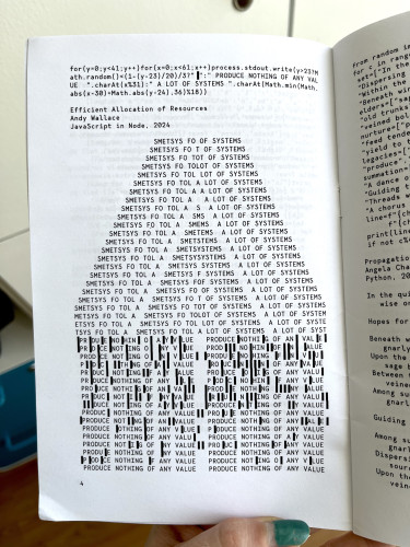 Photo of a book page with a bunch of javascript on the top and stylized output that reads "A lot of systems produce nothing of any value"