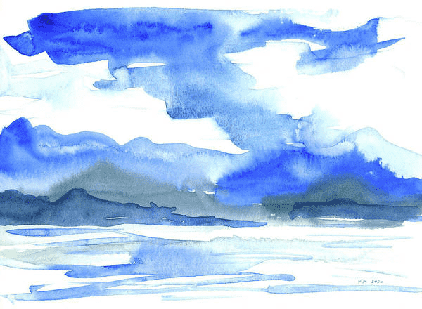 Rain clouds approaching is a loose watercolor painting in landscape format by artist Karen Kaspar.
In the foreground, Lake Chiemsee in Bavaria, Germany, can be seen in shades of blue and white. In the distance you can see the shore with trees and the blue mountains of the Bavarian Alps. Rain clouds are gathering in the blue sky.