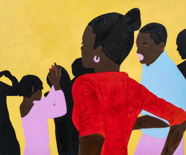 Painting in a partially flat style showing a group of Black figures dancing in a group against a yellow background