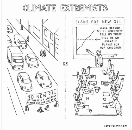 Two-panel political cartoon, drawn by Dave Walker. The title is "Climate Extremists."

On the left is a roadway with traffic being blocked by protesters who hold up a sign saying "NO NEW OIL so there's a livable planet for our children." 

On the right is a corporate boardroom with a display on the wall which reads "PLANS FOR NEW OIL." Members of the board hold up their hands, voting in favor of expanded oil drilling, even though it will go beyond the level which scientists say will leave no livable planet for our children.