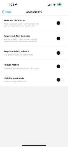 Pixelfed new app Accessibility Settings screen