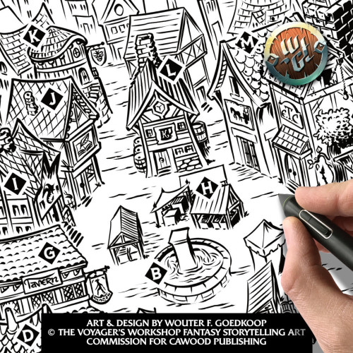Inking a marketplace map digitally.