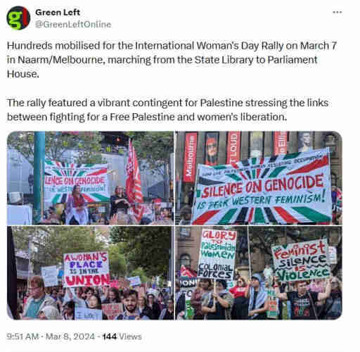 Green Left @GreenLeftOnline Hundreds mobilised for the International Woman's Day Rally on March 7 in Naarm/Melbourne, marching from the State Library to Parliament House. The rally featured a vibrant contingent for Palestine stressing the links between fighting for a Free Palestine and women's liberation. 