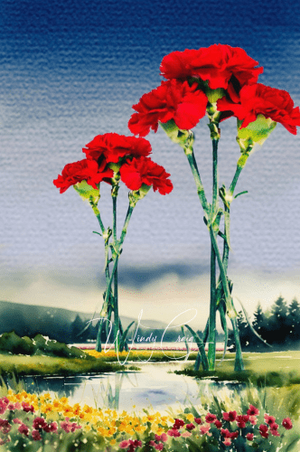 A mixed media artwork showcasing a watercolor landscape of a countryside stream adorned with wildflowers. Photos of towering red carnations, resembling trees, add a surreal touch.