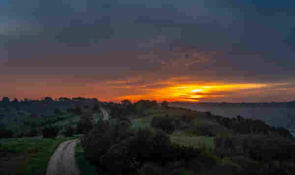sunrise seen from rolling hills with a dirt road winding away in the distance