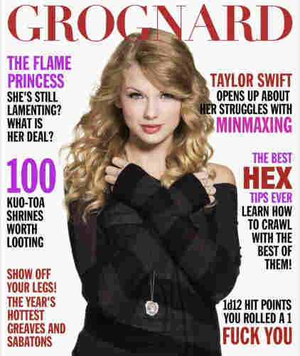 fake "Grognard" magazine cover with photo of Taylor surrounded by RPG-themed article teasers