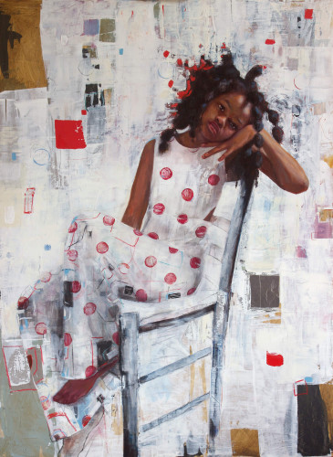 Painting of a Black girl wearing a white polka dot dress sitting on a grey chair and learning on her left hand, surrounded by abstract flourishes