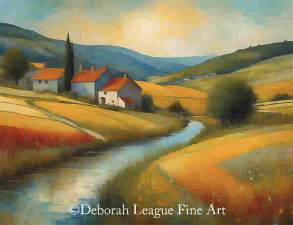 A serene landscape portrays red roofed stone buildings nestled among rolling hills, with fields in varying shades of yellow suggesting a harvest season. A gentle river curves its way through the scene, reflecting the sky as it passes by the village, leading the viewer's eye through the tranquil countryside.