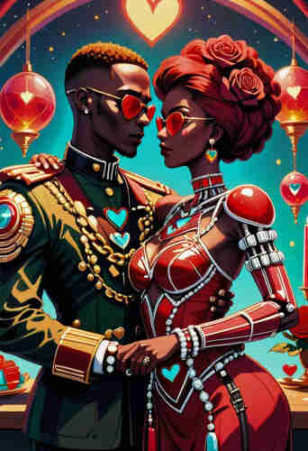 A series of stylized digital illustrations showcasing couples in futuristic armor, adorned with heart motifs and accessories, symbolizing the blend of strength and love.