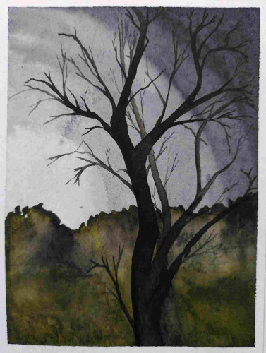 Watercolour A standing, branched dead oak in front of bushes. Stylised sky in grey layers.