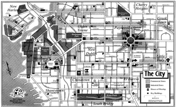 Map of "The City" from the Shades of noir fiction anthology. 