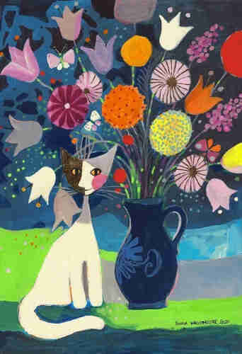 Creative painting of a white cat, with some touches of brown, grey and pink in it's face, sitting left next to a large dark blue vase with many creative flowers in all sorts of colours in it. The substrate is dark blue and bright light green. The background of the painting is dark grey, with a creative blue pattern on it on the left. 