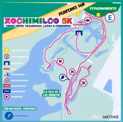 mapa de ruta de la carrera Xochimilco 5K, el recorrido será rodeando los humedales
