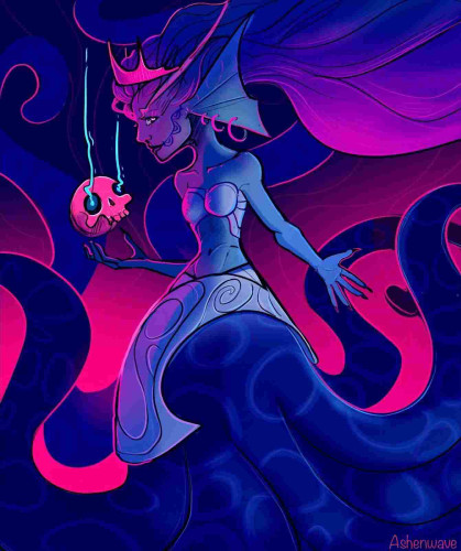 Illustration of a mermaid, half human half octopus. Her skin is dark with a bluish tone and her tentacles are big and deep blue. She’s holding a human skull in her hand.