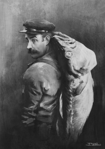 A black and white digital portrait of a norwegian cod fisherman bearing a giant cod across his back. He looks uncaring over his shoulder to the viewer. The background is made of a rough painterly texture, the portrait itself is made to look like an old oilpanting with rough strokes.