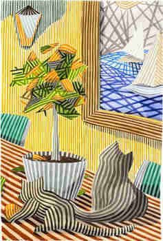 Ceative striped painting of two brown striped cats on a red and white striped table, laying under a blue and orange coloured plant, in a blue and white striped plan pot. On the right is the mainly yellow coloured wall, where you see part of a large painting hanging on it. 