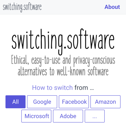 Website screenshot:

switching.software

Ethical, easy-to-use and privacy-conscious alternatives to well-known software