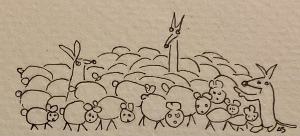 A line drawing featuring numerous sheep and three dogs looking at the sheep. One seems to be counting them with his paw.