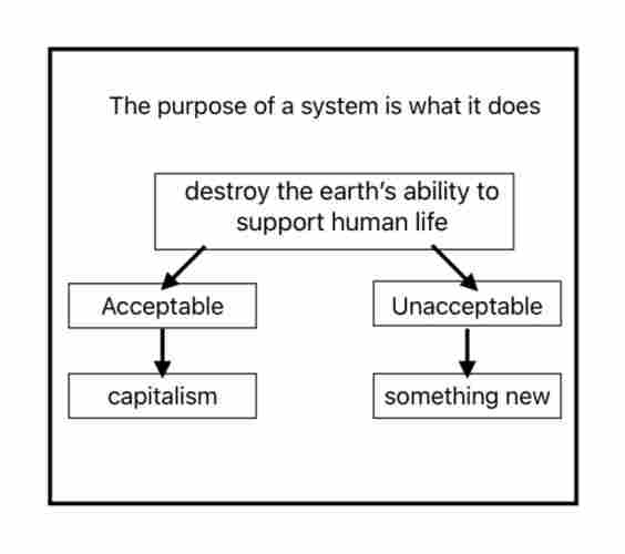 shitty looking bare bones flow chart made of text boxes titled “the purpose of a system is what it does” 

Top level choice, “destroy the earth’s ability to support human life,” leads to two options “acceptable” or “unacceptable” where “acceptable” leads to “capitalism” and “unacceptable” leads to “something new”