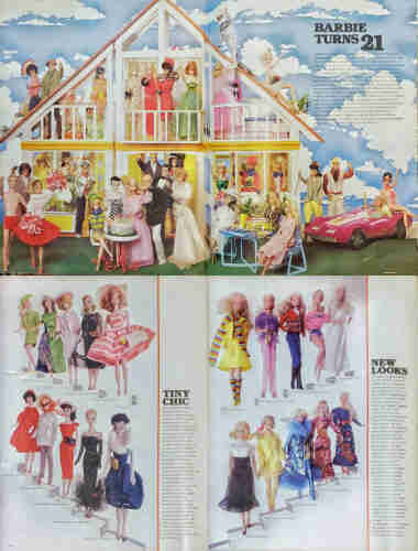A composite image of 4 pages featuring Barbie toys, celebrating the doll's upcoming 21st anniversary, from the November 1979 issue of LIFE magazine.

"Barbie Turns 21."
At top is a diorama of a beautiful sunny day with three dozen different Barbies, Kens, other characters, and their accessories in and around Barbie's Dream House and Corvette.

"Tiny Chic"
The lower left image is a pantheon of ten different Barbie dolls from 1959 to 1968.

"New Looks"
The lower right image continues following Barbie fashion trends from 1969 to 1979.