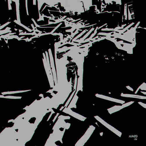 Drawing of the remains of a city after a war. A child who is now alone in the world arrives to his now lonely and ruined former home.