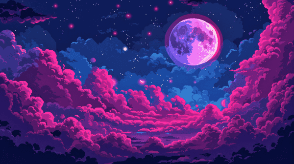 A vibrant and captivating piece of pixel art that depicts a dreamlike night sky. At the center is a large, detailed moon in shades of pink and purple, casting a soft glow that illuminates the surrounding clouds. The sky is a rich tapestry of deep blues, transitioning to darker hues towards the edges, sprinkled with stars that add a touch of sparkle to the scene. The clouds are stylized in various shades of pink, from soft lavender to bright magenta, giving the impression of a surreal and magical atmosphere. These colors suggest the sky could be reflecting the hues of a setting or rising sun. The overall aesthetic is both retro, given its pixel art style, and modern in its use of color and fantasy.
