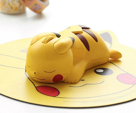 A pickahu mouse on a pickachu mouse mat. Pikachu is asleep with its ears and tail folded back against its back, which is where you rest your hand in use. I think the ears are buttons and there is a scroll wheel between them.