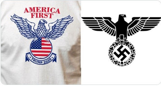 Side by side the MAGA eagle symbol (with a round interpretation of the American flag in the middle) & the Nazi eagle symbol (With a swastika in the middle of an oak leaf circle )with obvious style similarities between the two. The phrase America first is an old KKK slogan