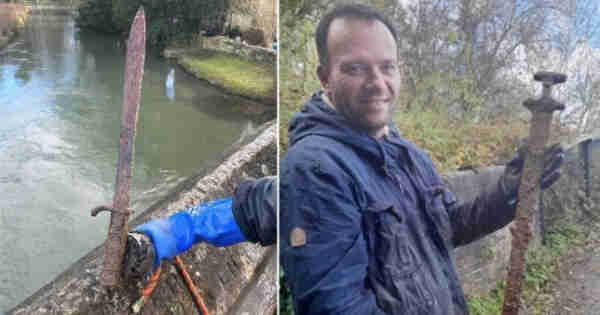 split pic. left: had holding rusted sword over the river. right: man from chest up holding sword.