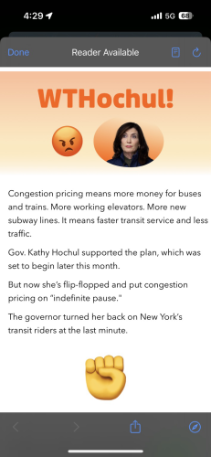Congestion pricing means more money for buses and trains. More working elevators and new subways. The app urges you to call the governor’s office offering a button to dial in and an option to send and email. 