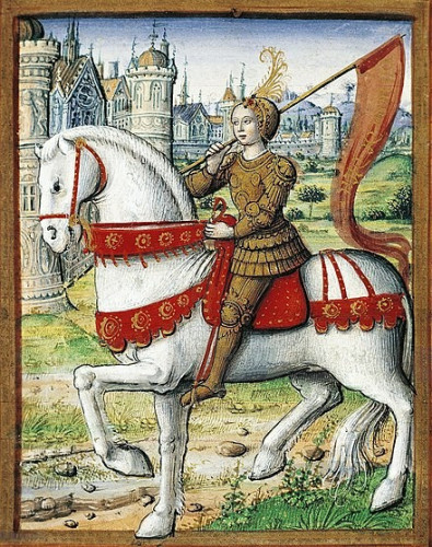 Historiated initial depicting Joan (dated to the second half of the 15th century, Archives Nationales, Paris, AE II 2490) in men’s armor, carrying a sword. By Derived from original commons upload at which is now in the history version: 01:39, 13. 8. 2005Colour-graded to reveal more detail using GIMP software "curves" tool, Public Domain, https://commons.wikimedia.org/w/index.php?curid=123841