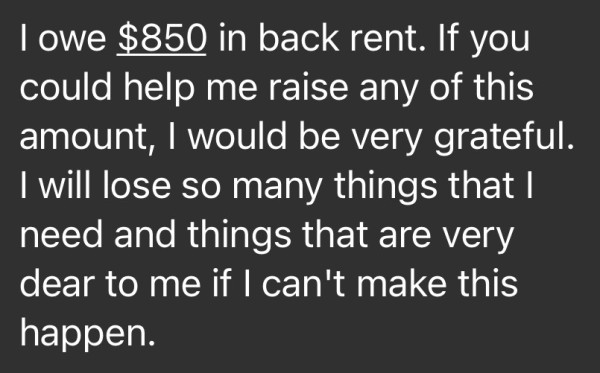 I owe $850 in back rent. If you could help me raise any of this amount, I would be very grateful. I will lose so many things that I need and things that are very dear to me if I can't make this happen. 