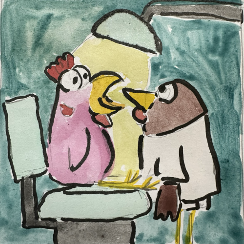 A pink chicken being examined by a chicken dentist. 