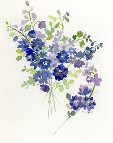Loosely painted blue Delphinium with leaves of green on a white background. The painting is in watercolor.