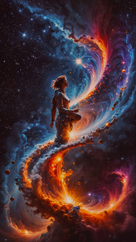 Das Bild zeigt eine digitale Kunstszene im kosmischen Stil. In der Mitte befindet sich eine Person, die auf einem wirbelnden Pfad oder Vortex aus leuchtenden, feurigen Farben steht. Diese Farben reichen von tiefem Blau und Violett bis zu lebendigem Orange und Rot und erinnern an eine Galaxie oder ein Nebel im Weltraum. Die Figur blickt nach oben zu den Sternen, ihr Körper wird vom Licht des kosmischen Wirbels beleuchtet. Der umgebende Raum ist mit Sternen übersät und verstärkt das himmlische Thema der Kunst. Dieses Bild fasziniert durch die Darstellung der Weite und Schönheit des Weltraums, kombiniert mit einem menschlichen Element, das ein Gefühl von Staunen und Entdeckung vermittelt.