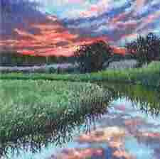 Painting of a landscape during sunset, with a light blue river with the pink of the sky and the green of the surroundings refelcted in it. Left and right of the river the soil is covered with green grass. On the right are two large dark brown bushes and there is a line of light purple foliage. Behind that in a higher line of dark brown and green foliage. The sky is pink, witth purple and blue clouds. 