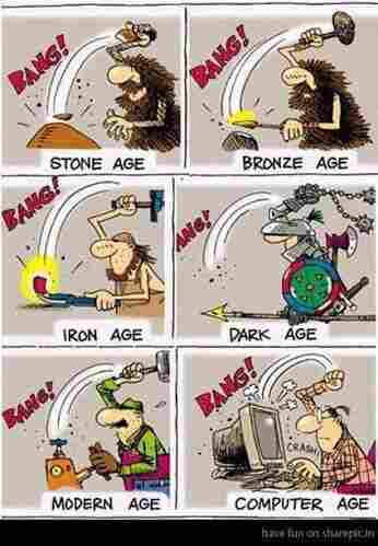 This image is a cartoon depicting various historical ages through a common theme: a person using a hammer to hit an object characteristic of each age.

Stone Age: A person from the Stone Age hits a rock with a stone hammer, creating a spark and the sound "BANG!".
Bronze Age: A person hits a bronze ingot with a bronze hammer, producing the sound "BANG!".
Iron Age: A person hits an iron bar with an iron hammer, creating a spark and the sound "BANG!".
Dark Age: A medieval knight hits a shield with a mace, producing the sound "BANG!".
Modern Age: A modern person hits a nail with a hammer, producing the sound "BANG!".
Computer Age: A person hits a computer with a hammer, producing the sound "BANG!".
Each scene is accompanied by the sound "BANG!" to emphasize the impact.