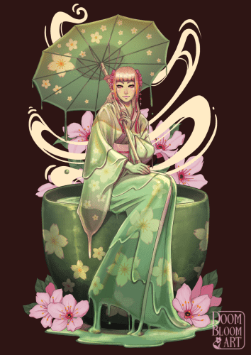 A woman made out of green liquid (green tea), sitting on the edge of a teacup and holding an umbrella. She is fading from green to golden and is wearing a kimono with floral pattern. The same pattern is also on the cup and umbrella. Behind her is stylized steam and cherry blossoms.