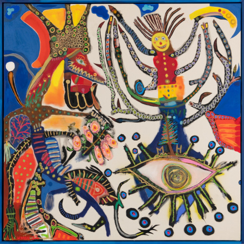 Semi-abstract square composition with playful lines and colors depicting a large eye, a figure with arms like tree branches, and a creature with a red fox face and curving limbs