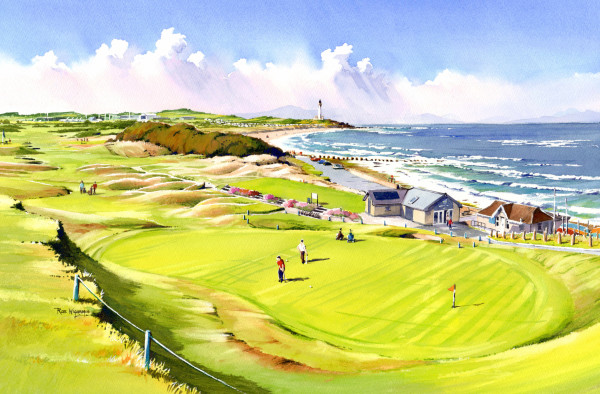 A landscape view over a golf course, with the 18th green in the foreground with some golfers putting. In the distance, just right of centre  is a headland with a lighthouse and distant mountains beyond.  The blue sea to the right has much surf.