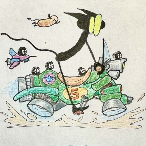 Drawing of a little gremlin riding a racing hover motorcycle 

Zeichnung eines kleinen Gremlin, der ein Racing-Hover-Motorrad fährt